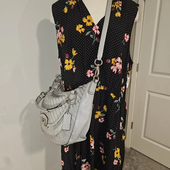 Coach Kristen Woven Round Leather Satchel $498 Authentic Gray/Silver VGUC - Picture 3 of 16